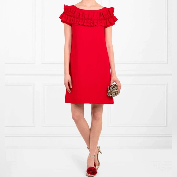 Anne Fontaine Petunia Red A-line Short Sleeve Pockets Dress With Ruffles EU 38 - Picture 1 of 16